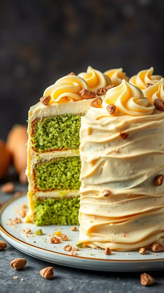 A beautifully decorated pistachio cake with layers of green cake and creamy frosting on a plate.