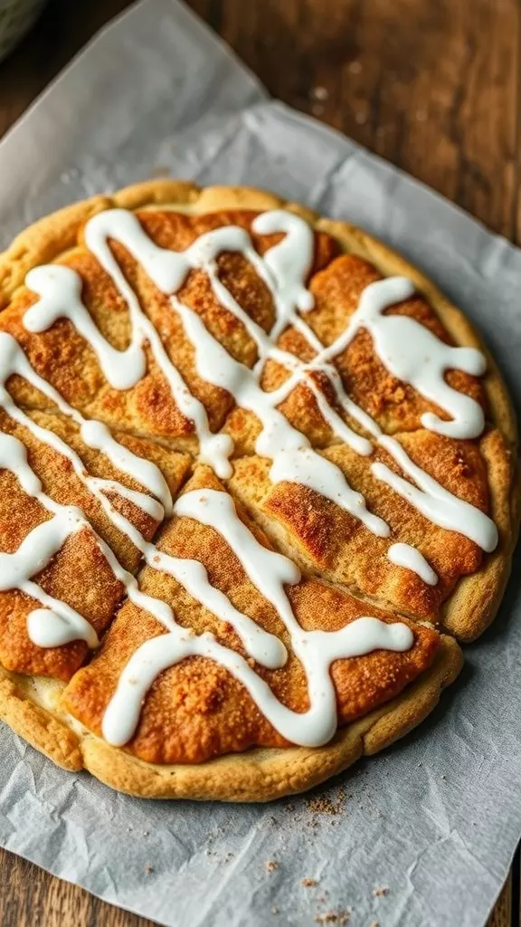 Delicious dessert pizza topped with icing on parchment paper.