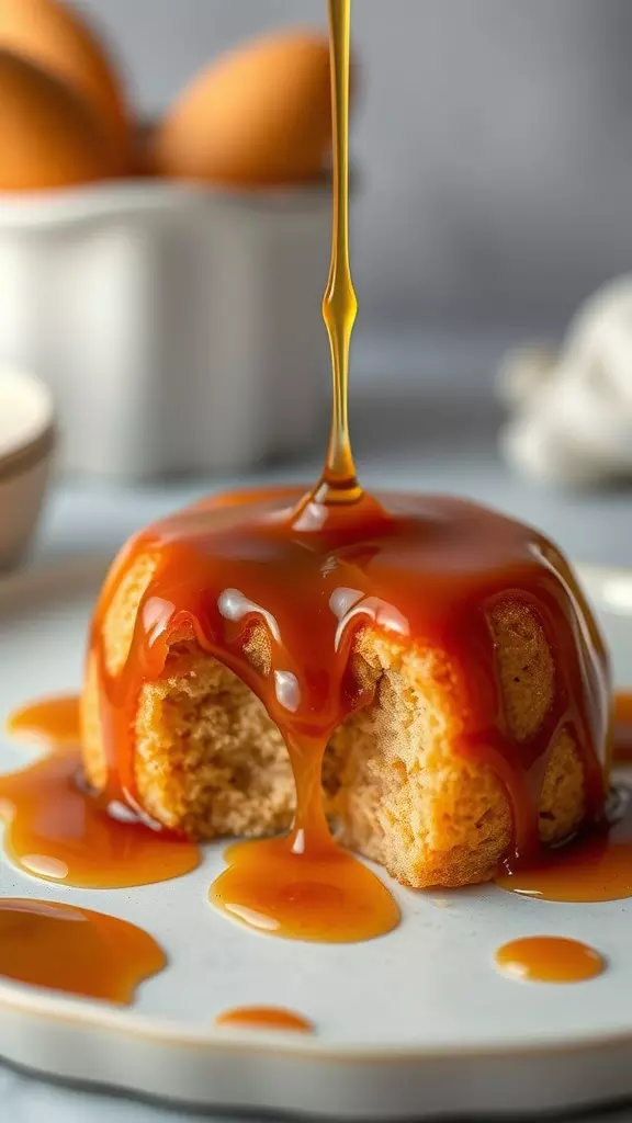 A delicious serving of Portuguese Pudim Molotof drizzled with caramel sauce.