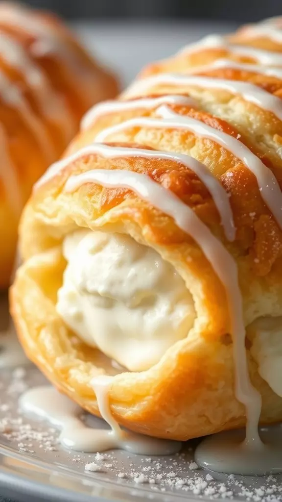 Freshly baked puff pastry cream cheese danish with icing drizzled on top