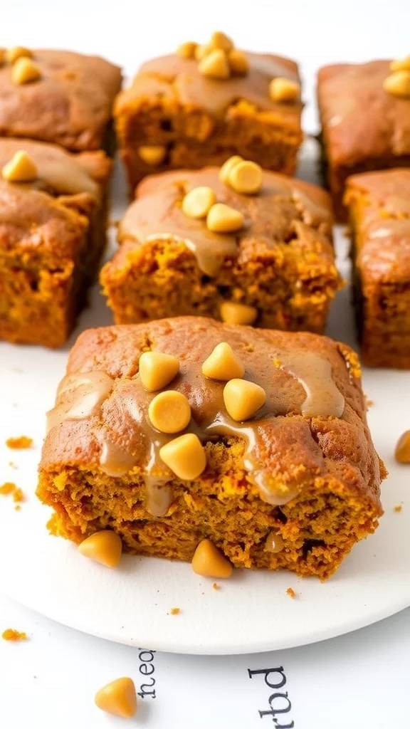 A collection of pumpkin butterscotch cakes with chocolate drizzles and decorative candy pieces.