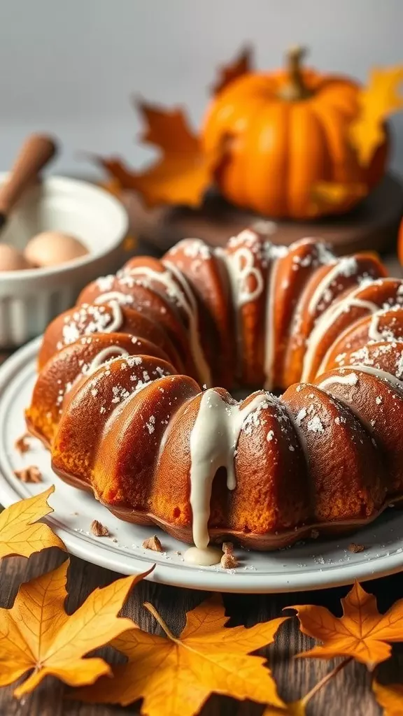 Pumpkin spice bundt cake with a drizzle of icing, surrounded by autumn leaves and a pumpkin.