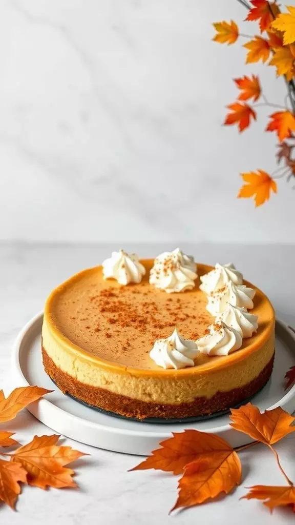 A delicious pumpkin spice cheesecake decorated with whipped cream and surrounded by autumn leaves.