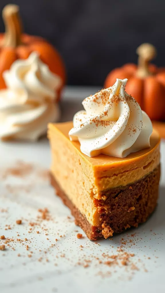 A pumpkin spice cheesecake topped with whipped cream and surrounded by cinnamon sticks and small pumpkins.