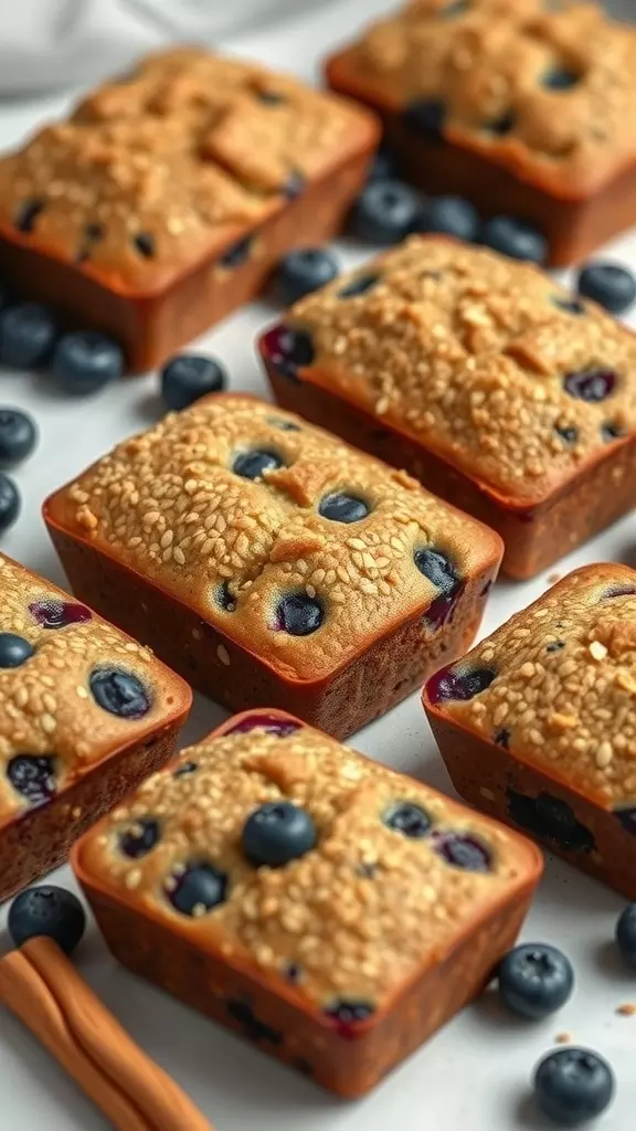 Quinoa blueberry mini loaves on a white background with blueberries scattered around.