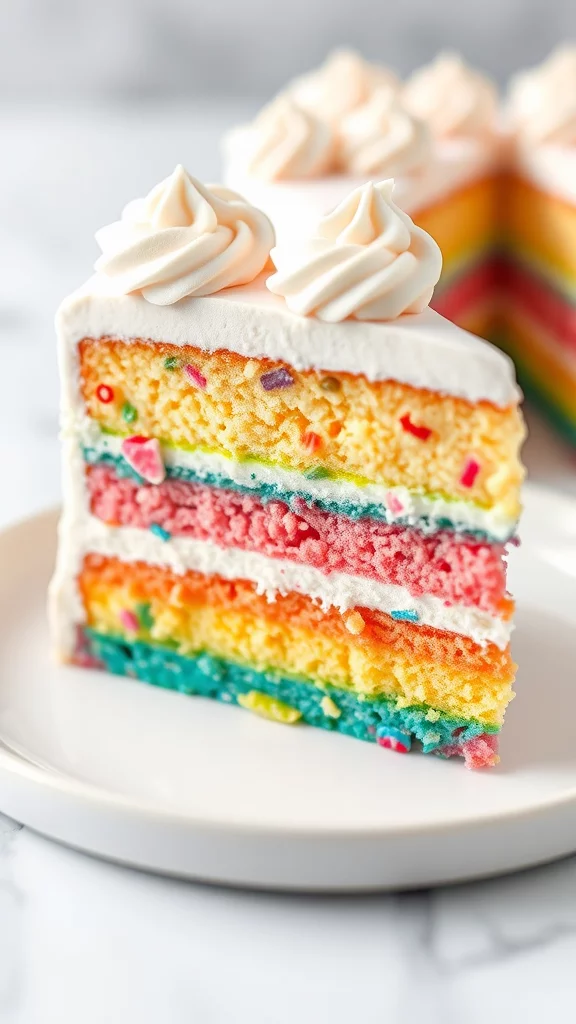 A colorful Rainbow Jello Poke Cake with layers of jello and whipped cream.