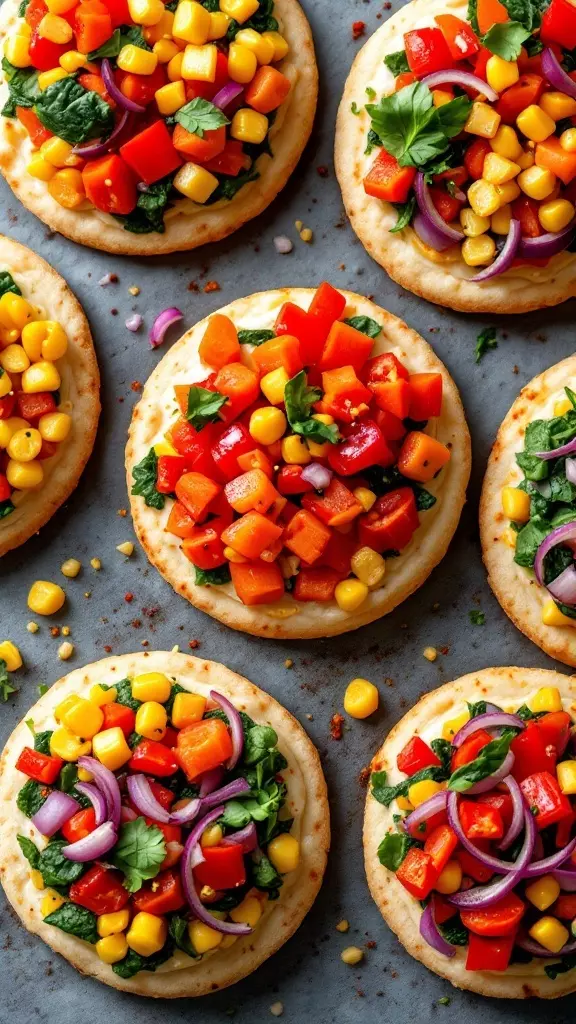 Colorful mini pizzas topped with vegetables like corn, peppers, and spinach.