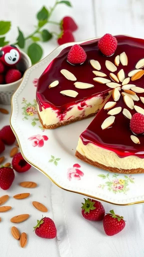 A slice of Raspberry Almond Cheesecake garnished with raspberries and almonds on a floral plate.