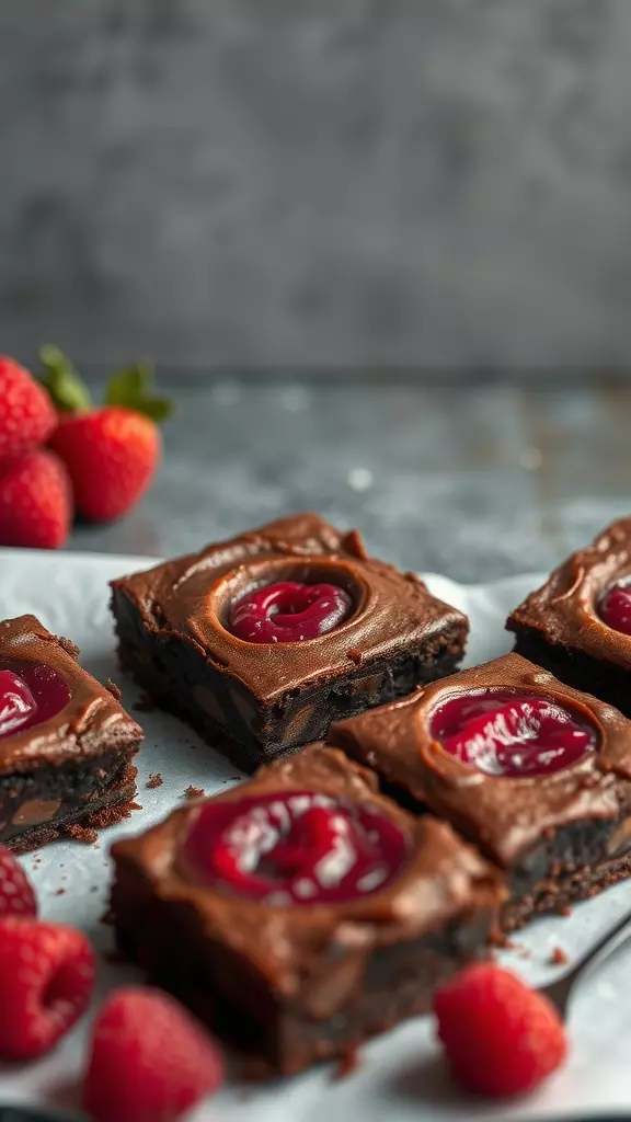 A plate of raspberry brownies garnished with fresh raspberries.