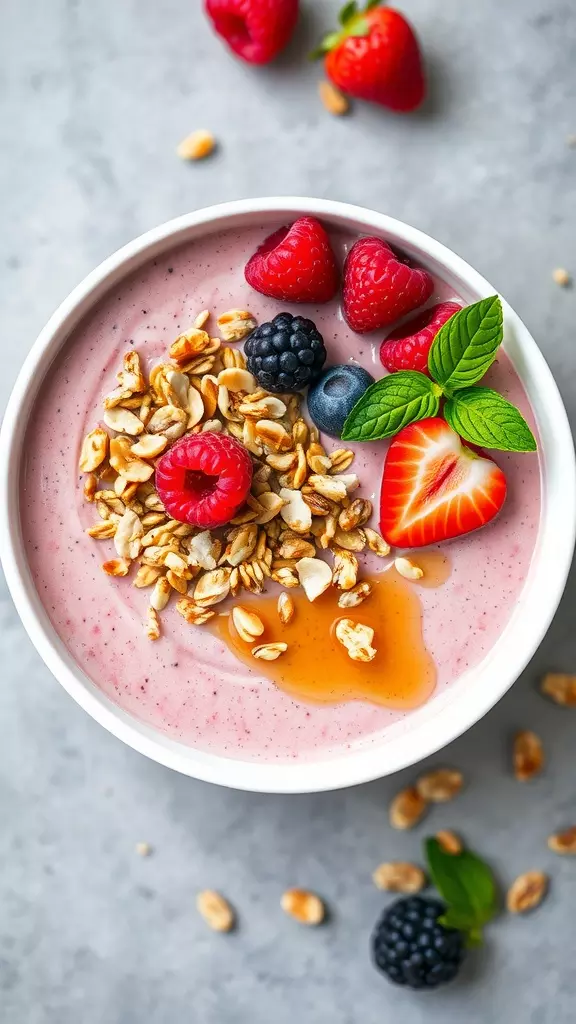 A delicious Raspberry Cheesecake Smoothie Bowl topped with granola, raspberries, and a drizzle of honey.