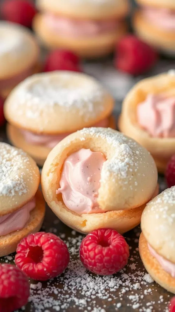 Delicious raspberry cream cheese cookies with a creamy filling and fresh raspberries.