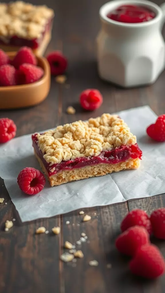 Delicious raspberry crumb bars on a wooden table, surrounded by fresh raspberries.