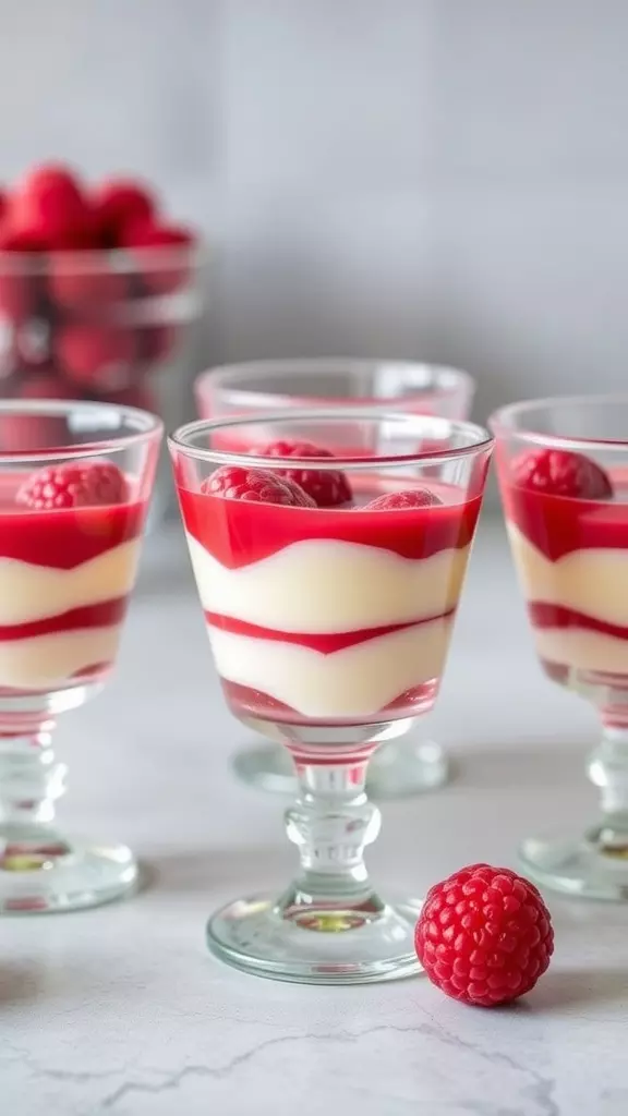 Delicious raspberry jello cups with layers of cream and fresh raspberries on top.