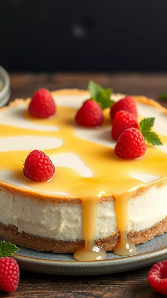 A delicious raspberry lemon cheesecake topped with fresh raspberries and a lemon glaze.