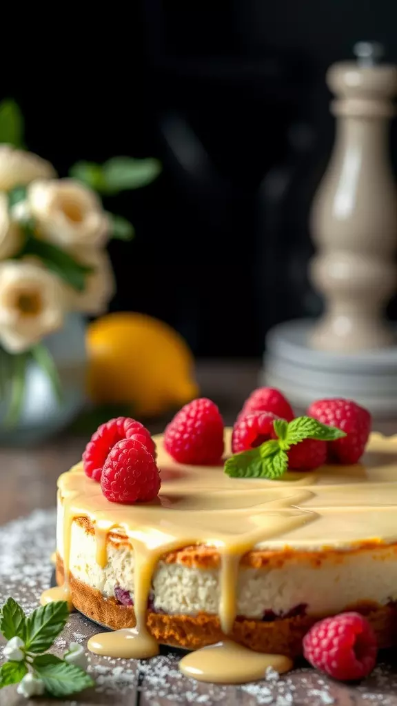 A delicious Raspberry Lemon Cheesecake topped with fresh raspberries and drizzled with lemon sauce.