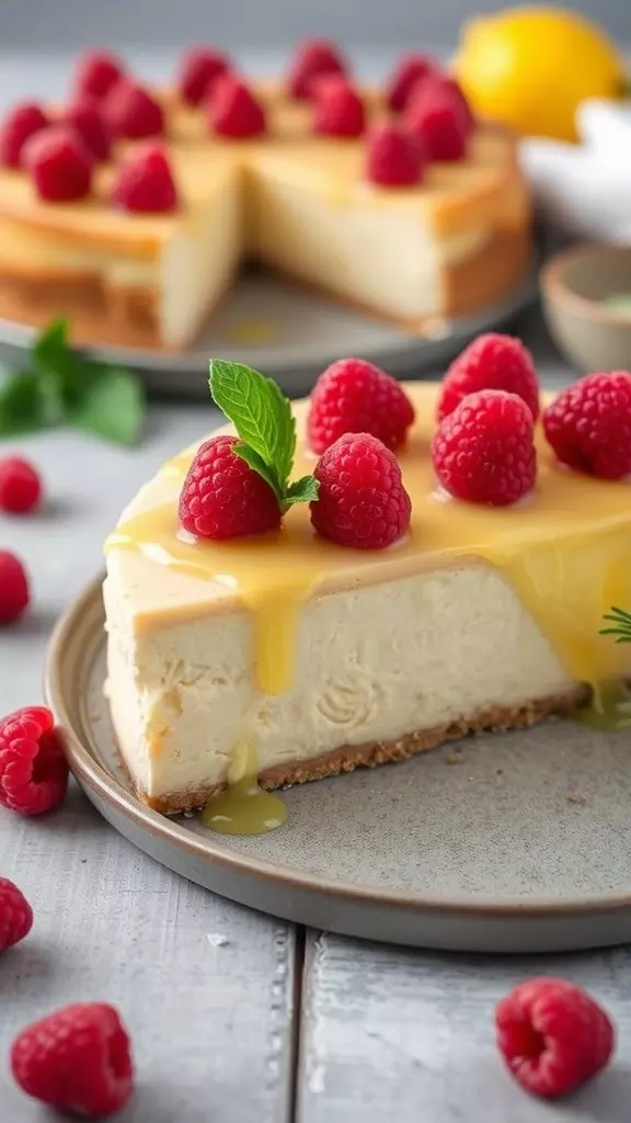 A slice of Raspberry Lemon Cheesecake topped with fresh raspberries and lemon sauce.