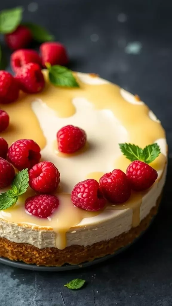 A delicious raspberry lemon cheesecake topped with fresh raspberries and mint leaves.