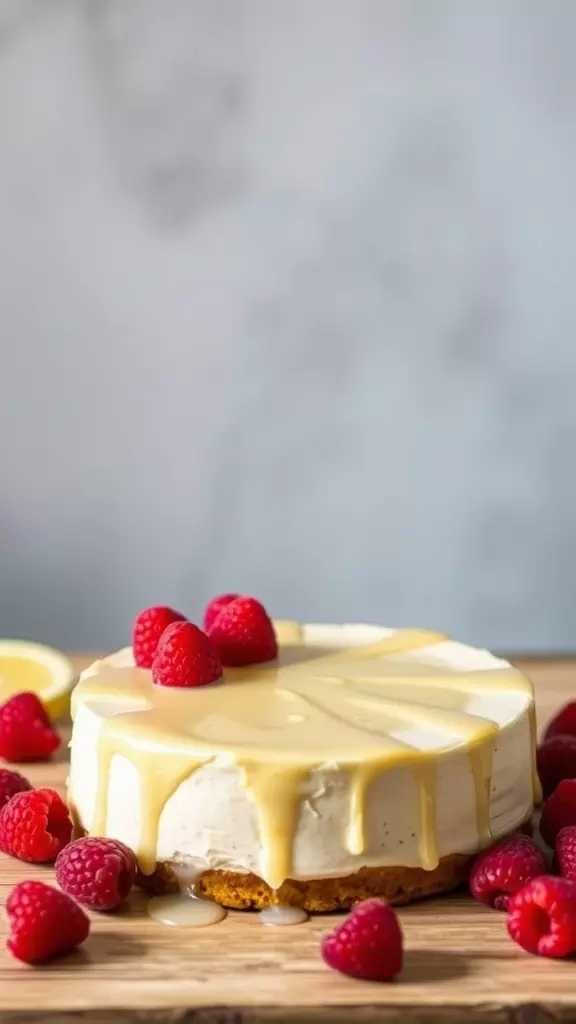 A delicious raspberry lemon cheesecake topped with fresh raspberries and a drizzle of lemon sauce.