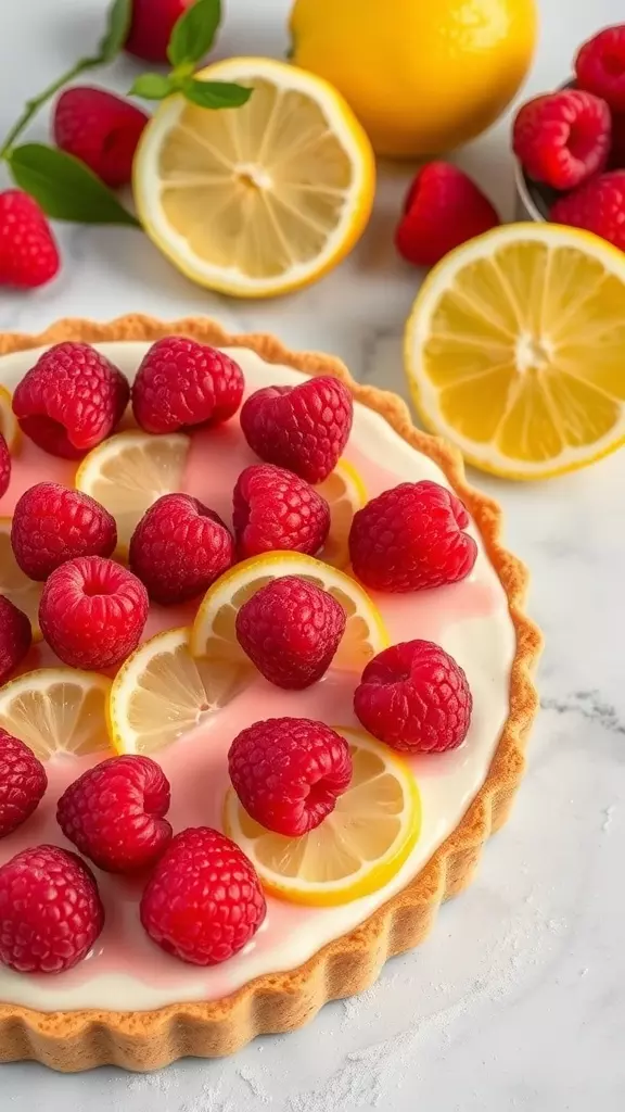 A raspberry lemon cheesecake tart topped with fresh raspberries and lemon slices.