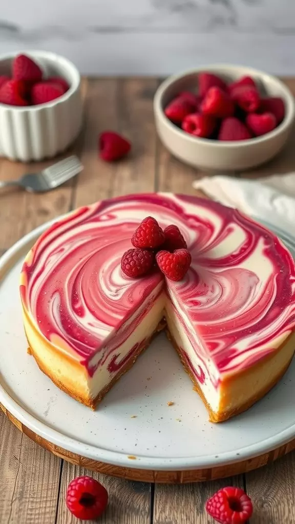 A beautifully swirled raspberry marble cheesecake with fresh raspberries on top.