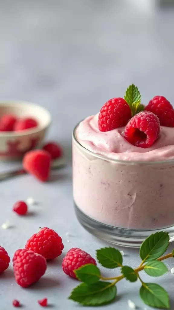 A glass of raspberry mousse topped with fresh raspberries and mint leaves