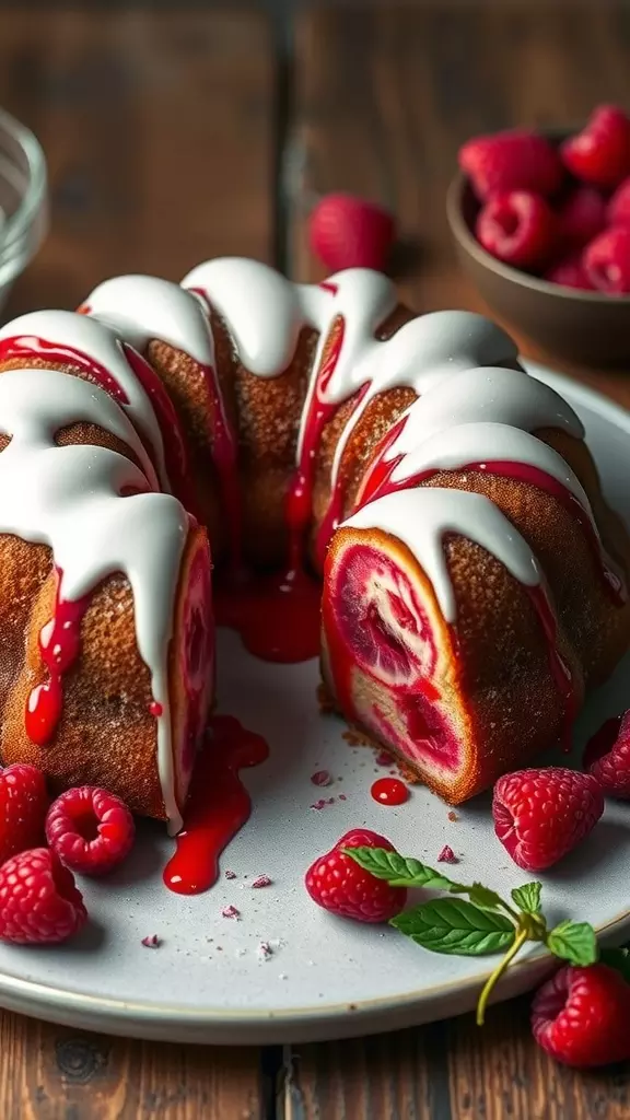 A close-up of a Raspberry Swirl Bundt Cake with raspberry sauce and fresh raspberries on a plate.