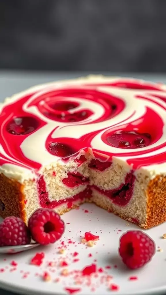 A close-up of a raspberry swirl cake with a slice cut out, showcasing the vibrant red and white swirls.