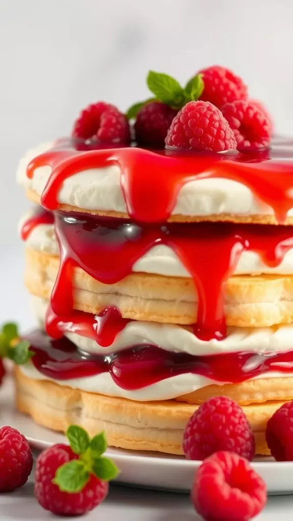 A stack of raspberry tiramisu with layers of cream and raspberry sauce on top, garnished with fresh raspberries and mint leaves.