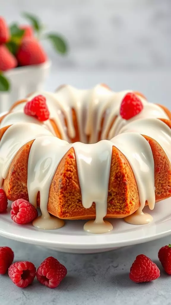 A delicious Raspberry White Chocolate Bundt Cake with a creamy drizzle and fresh raspberries.