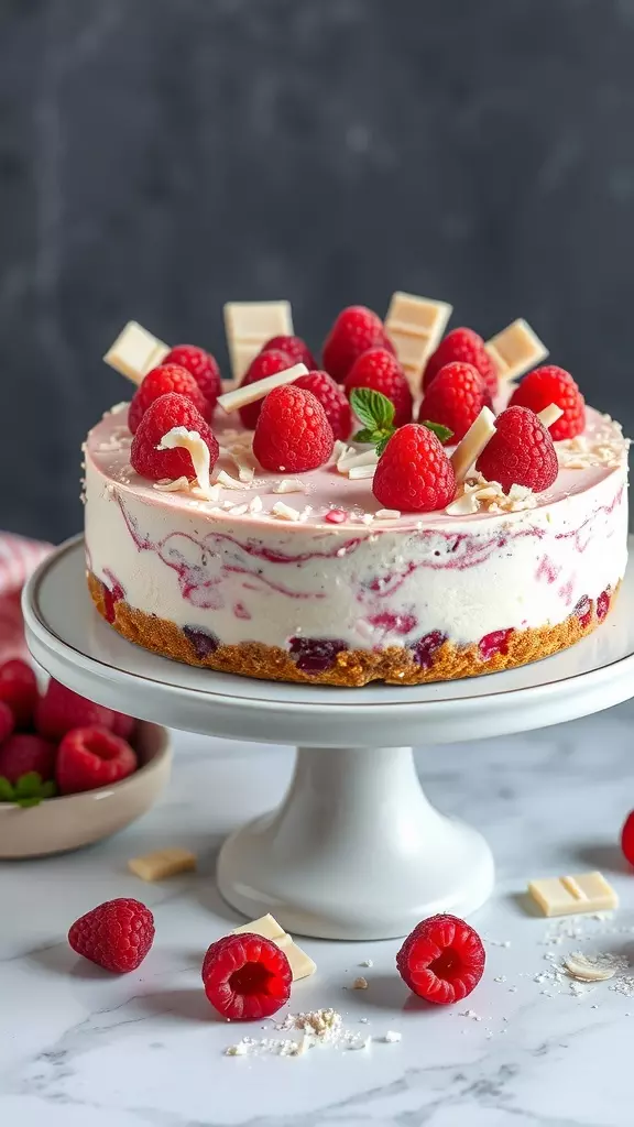 A Raspberry White Chocolate Cheesecake topped with fresh raspberries and white chocolate shavings.