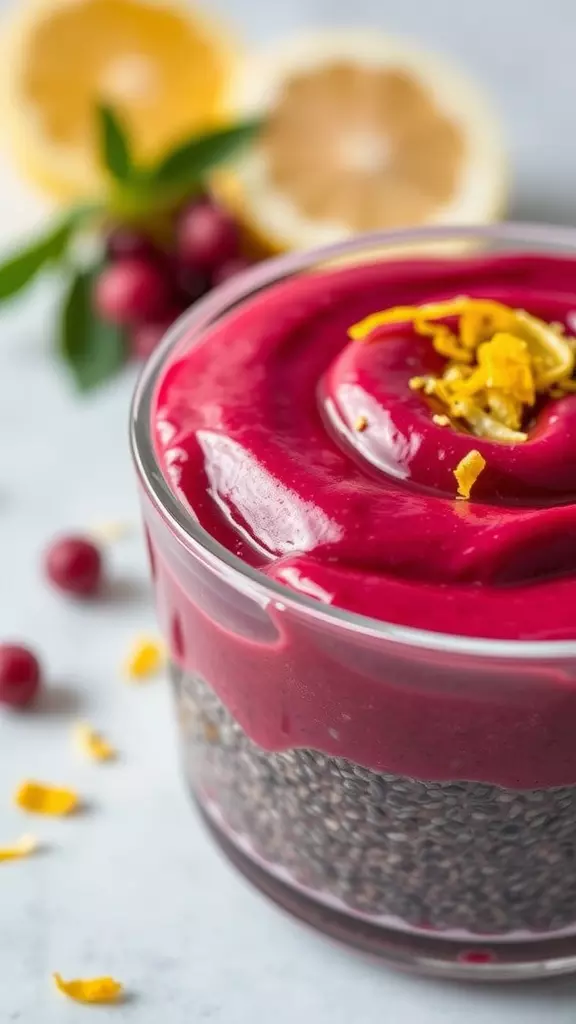 A bowl of red beet chia pudding topped with lemon zest and surrounded by lemon halves.