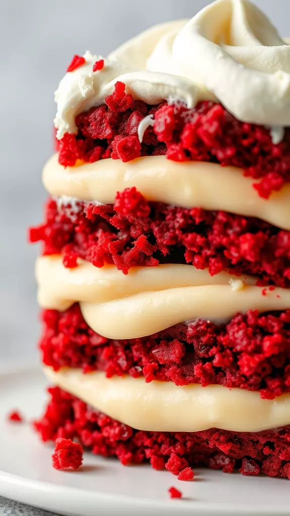 A close-up of layered red velvet cake and creamy pudding