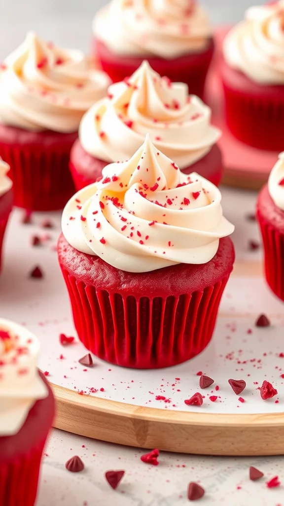 Delicious red velvet cupcakes with cream cheese frosting and sprinkles.