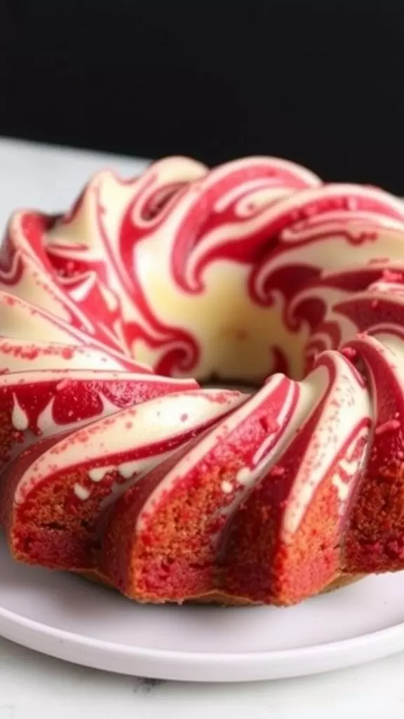 Red Velvet Marble Bundt Cake with cream swirl design