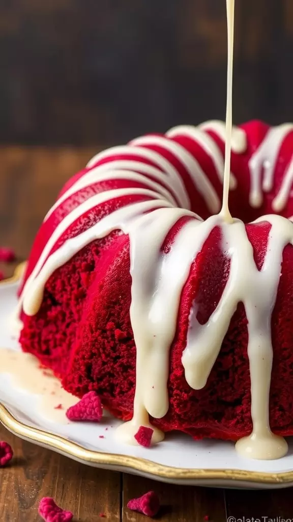 A delicious red velvet pound cake with a cream cheese glaze drizzling on top