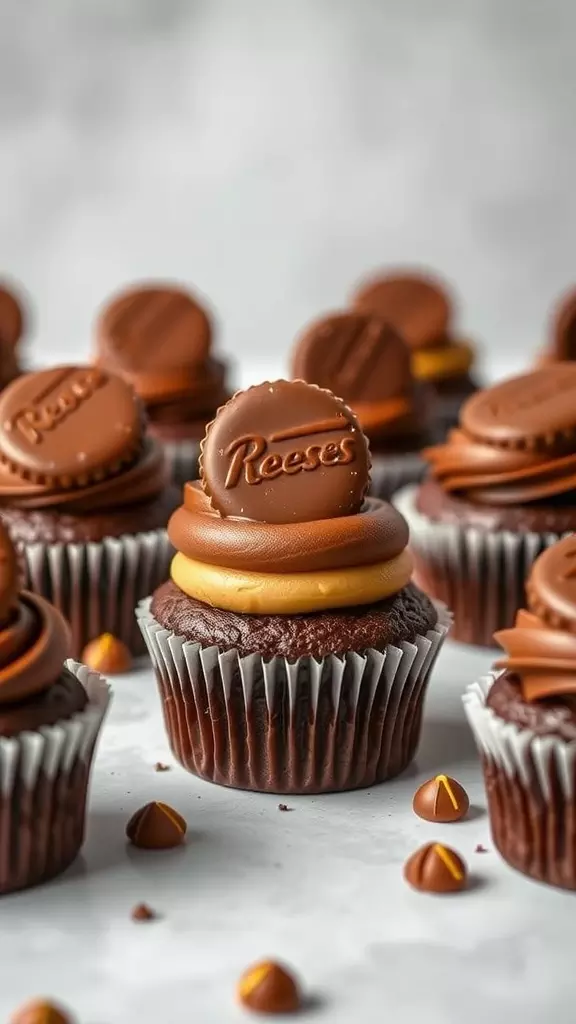 Close-up of Reese's cupcakes with chocolate frosting and Reese's candies on top.