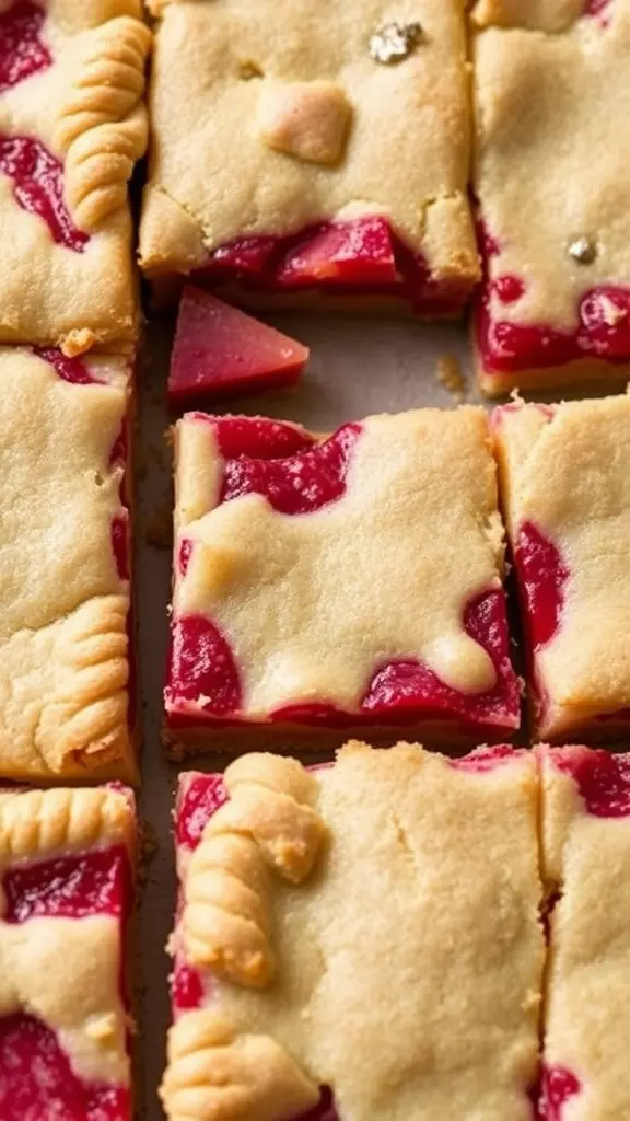 Close-up of rhubarb bars with a crumbly crust and vibrant filling.