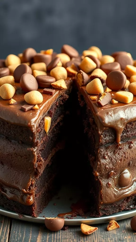 A slice of Rolo Poke Cake topped with chocolate and caramel candies.