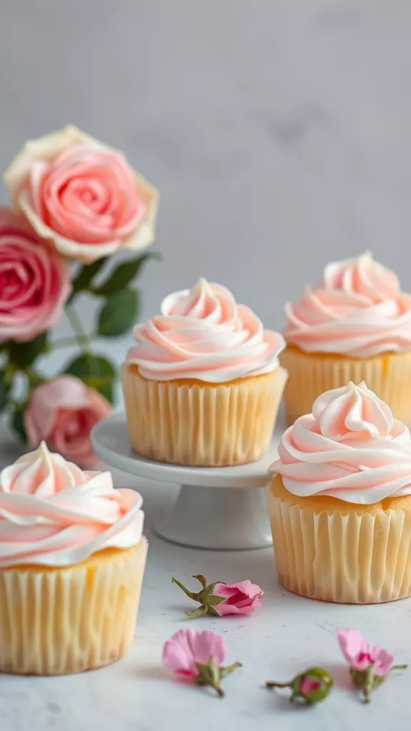 Cupcakes with rose cream frosting and fresh roses in the background