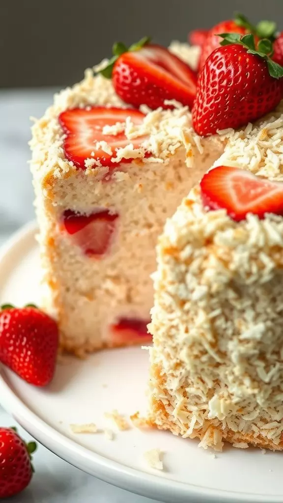 A close-up view of a Rustic Strawberry Coconut Cake topped with fresh strawberries.