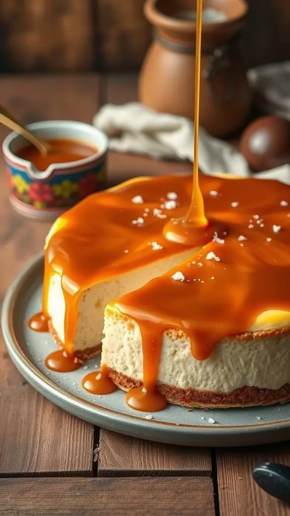 A delicious salted caramel cheesecake topped with a glossy caramel sauce.