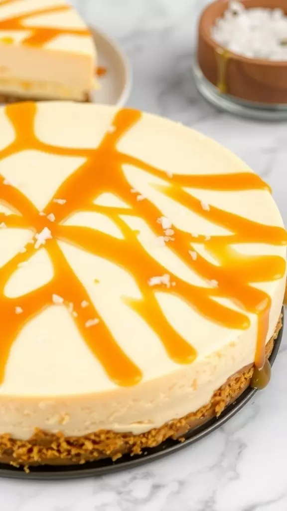 Delicious salted caramel cheesecake with a drizzle of caramel sauce