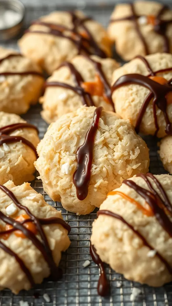 Delicious Samoas cookies drizzled with chocolate and topped with coconut