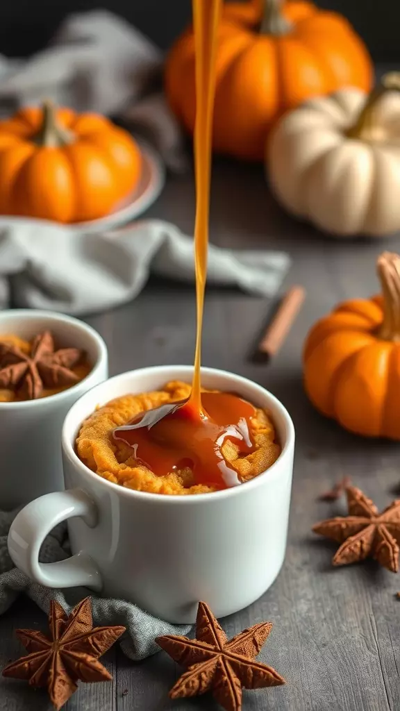 A delicious Saucy Caramel Pumpkin Mug Cake topped with caramel sauce and surrounded by decorative pumpkins.