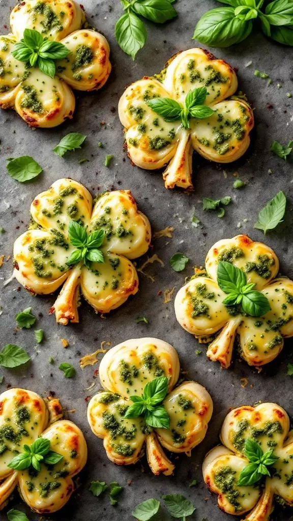 Shamrock-shaped mini pizzas with basil on a baking tray