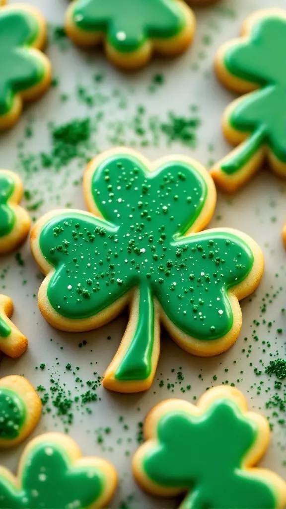 A close-up of decorated shamrock-shaped sugar cookies with green icing and sprinkles.