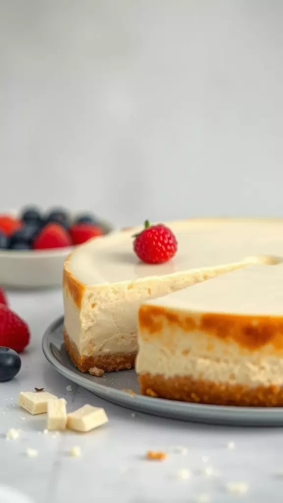 A slice of Sicilian cheesecake with a smooth surface, garnished with a strawberry on top, beside a bowl of mixed berries.