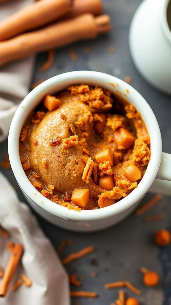 A mug filled with carrot cake, surrounded by cinnamon sticks and fresh carrots.