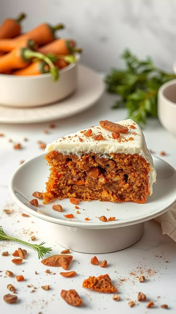 Slice of carrot cake with frosting and nuts on a plate, surrounded by carrots and herbs.