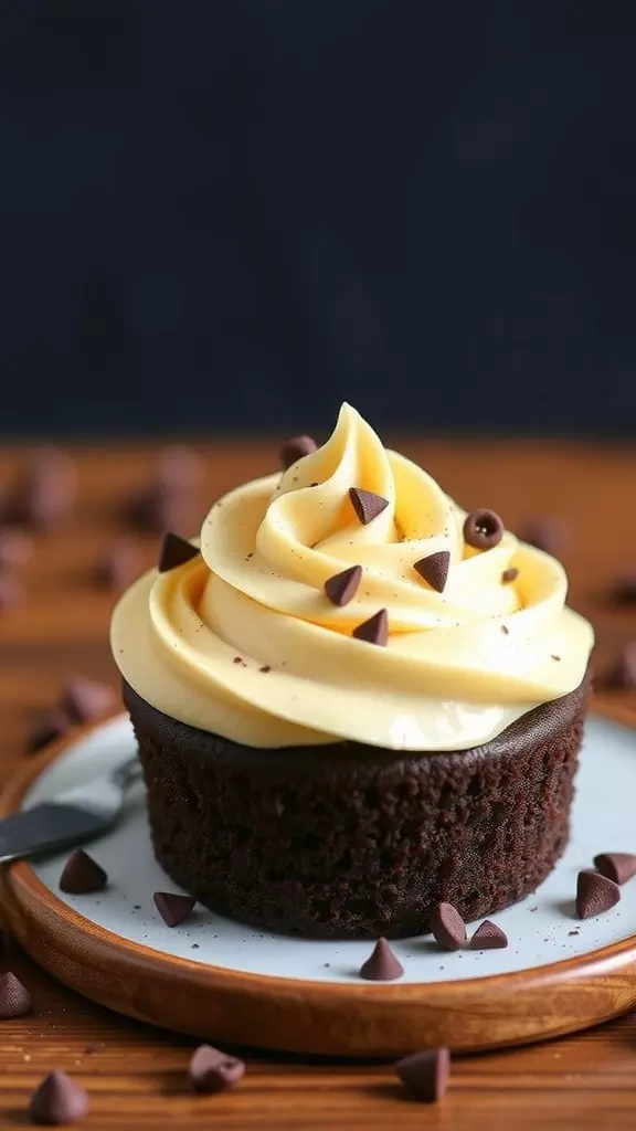 A small chocolate cake with creamy frosting and chocolate chips on top, sitting on a wooden plate.